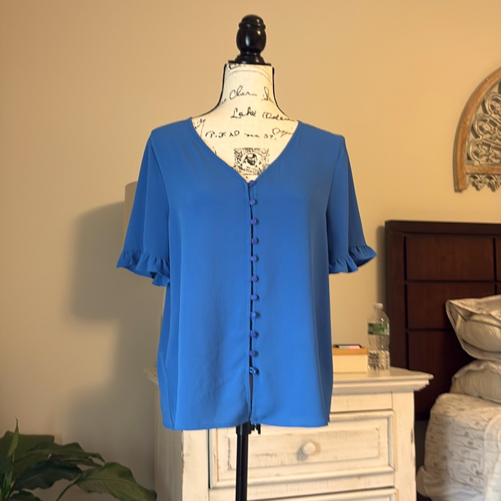 Corn flower, blue, short sleeve blouse by CeCe